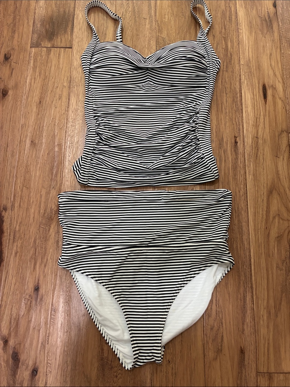 bond-eye Black and White Striped Tankini with High Waist Bottoms
